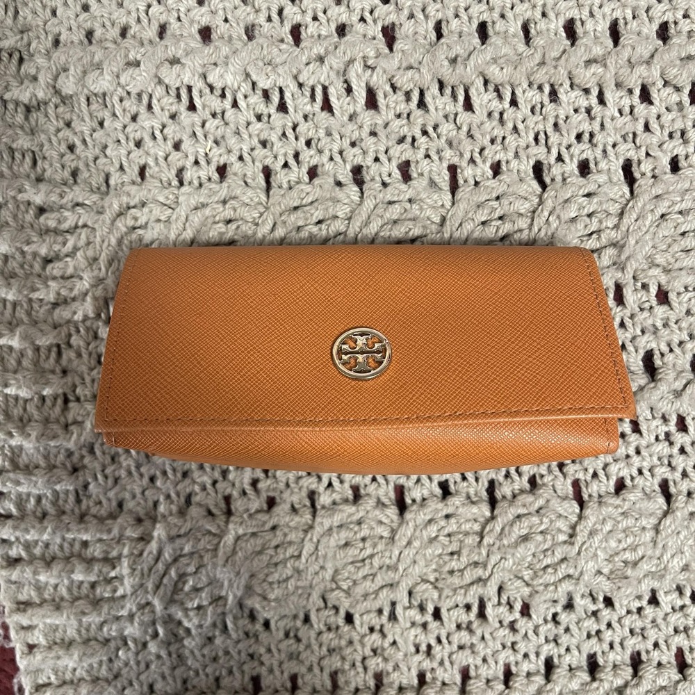Tory Burch Saffiano Leather Sunglasses Eyeglasses Hard Case Cognac Snap Logo‎